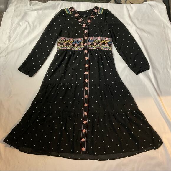 Aly Daly Black Polka Dot Embroidered Boho Peasant Sheer Lined Dress M Cottage - Picture 3 of 13